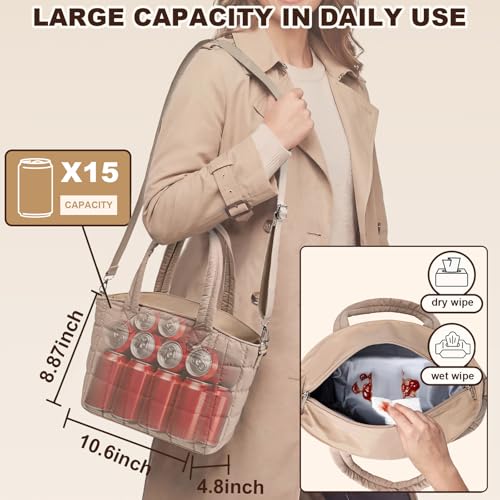 LOIDOU Insulated Lunch Box for Women 9L Large Quilted Puffer Lunch Bag Leakproof Lunch Box Tote with Adjustable Shoulder Strap Waterproof Cute Thermal Lunchbox for Work Travel Picnic Khaki - Image 3