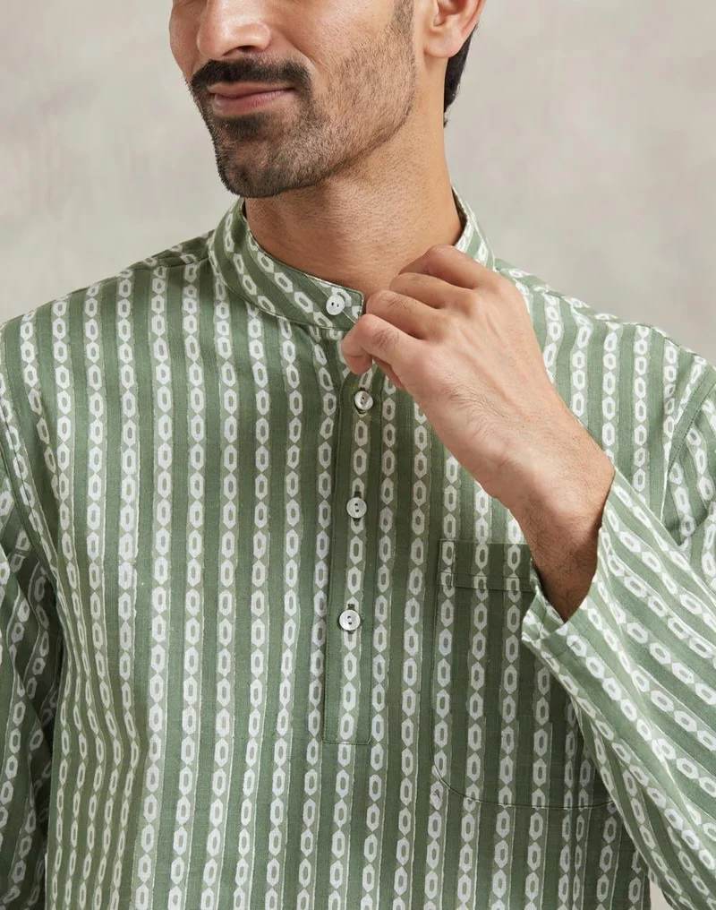 Fabindia  Green Cotton Mid Placket Shirt for Men | Best Price UAE