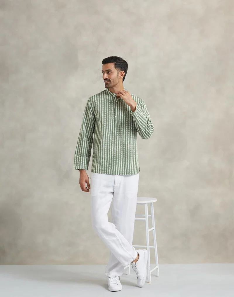Fabindia  Green Cotton Mid Placket Shirt for Men | Best Price UAE