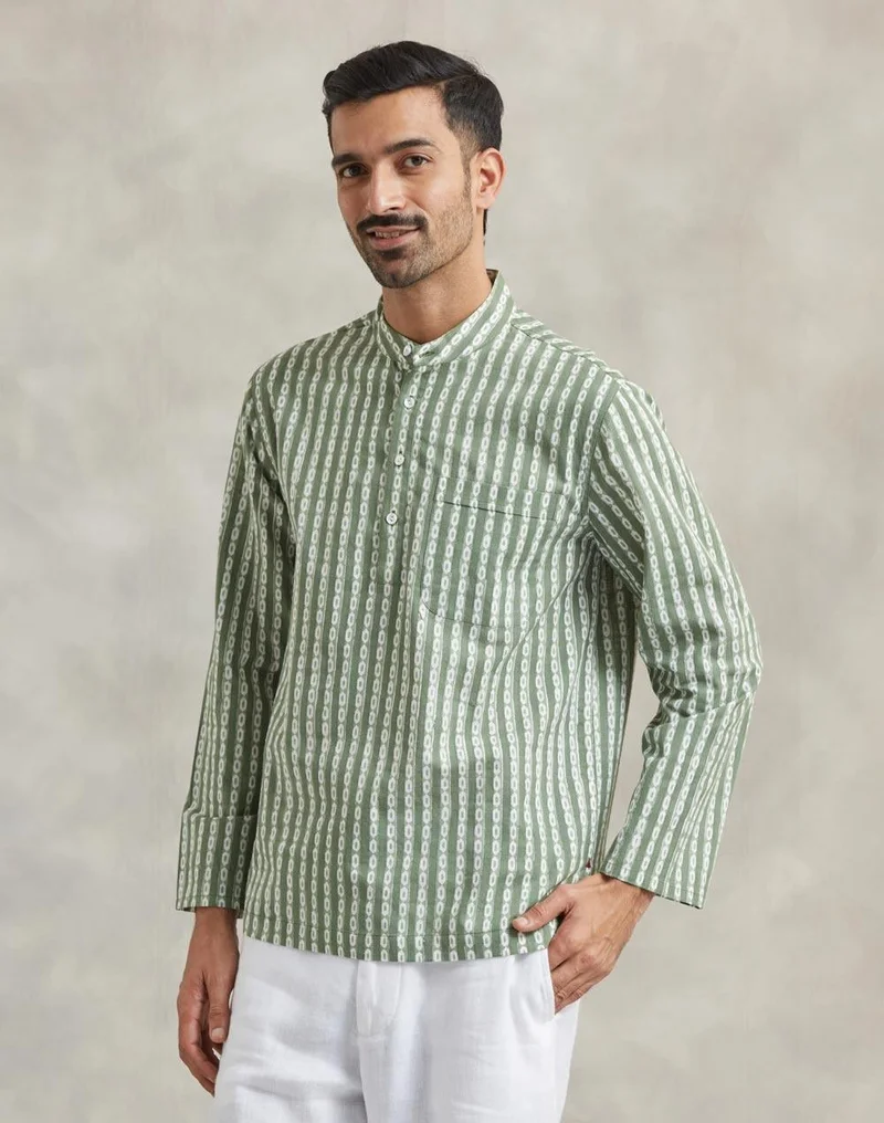 Fabindia  Green Cotton Mid Placket Shirt for Men | Best Price UAE