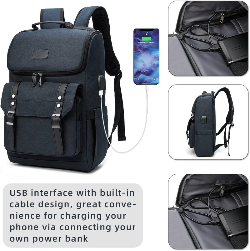 Contacts Unisex Vintage Travel 3 Compartment Laptop Backpack With Usb Charging Port Fits Upto 15.6 Inch Laptop - Black - Image 3