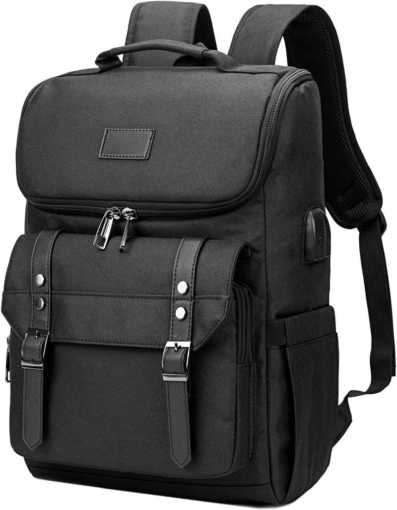 Contacts Unisex Vintage Travel 3 Compartment Laptop Backpack With Usb Charging Port Fits Upto 15.6 Inch Laptop - Black - Image 1
