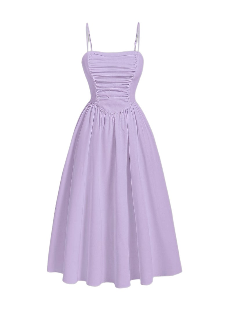 Nian Nian Selected Targeted Style - Solid Color Suspender Drawstring Off-Shoulder Dress - Image 1