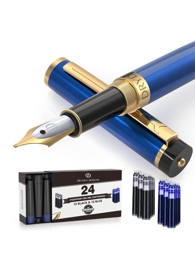 Dryden Designs Fountain Pen Medium Nib | Includes 24 Ink Cartridges (12 Black 12 Blue) And Ink Refill Converter | Calligraphy Pen, Consistent Writing, Smooth Flow Blue. - Image 1
