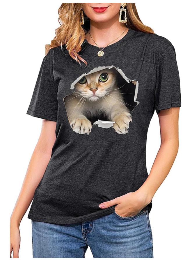 Independent Station European And American Women's New Spring And Summer Cat Pattern Pullover Loose Short-sleeved T-shirt Top 