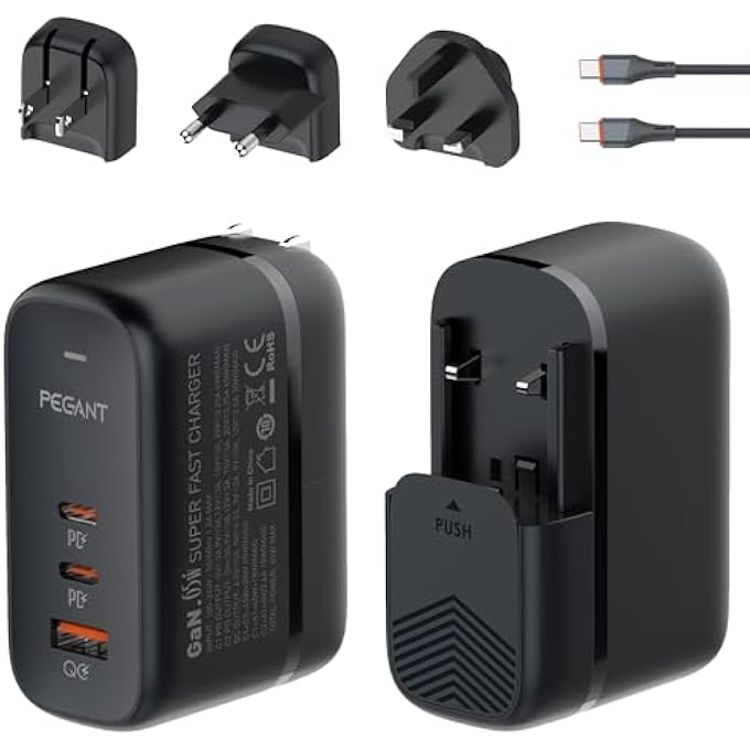 PEGANT 65W GAN USB-C CHARGER, 3-PORT FAST LAPTOP WALL ADAPTER WITH PD3.0, QC3.0 & PPS, FOLDABLE PLUG WITH UK/EU/US/AU, FOR MACBOOK, IPHONE 16, GALAXY S25, LENOVO, DELL, ASUS - Image 1
