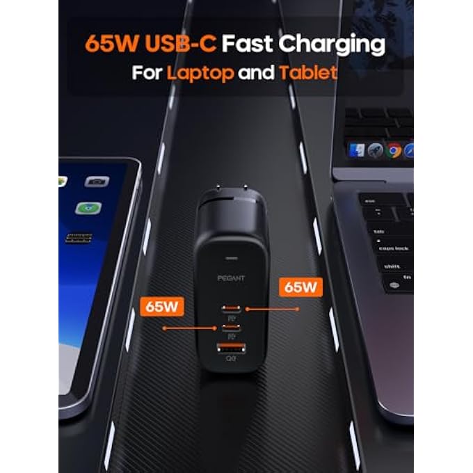 PEGANT 65W GAN USB-C CHARGER, 3-PORT FAST LAPTOP WALL ADAPTER WITH PD3.0, QC3.0 & PPS, FOLDABLE PLUG WITH UK/EU/US/AU, FOR MACBOOK, IPHONE 16, GALAXY S25, LENOVO, DELL, ASUS - Image 3