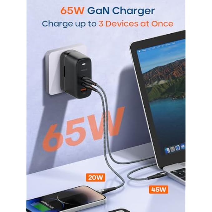PEGANT 65W GAN USB-C CHARGER, 3-PORT FAST LAPTOP WALL ADAPTER WITH PD3.0, QC3.0 & PPS, FOLDABLE PLUG WITH UK/EU/US/AU, FOR MACBOOK, IPHONE 16, GALAXY S25, LENOVO, DELL, ASUS - Image 2