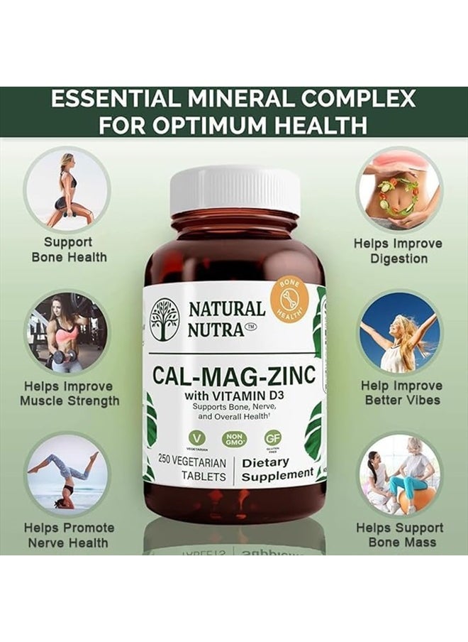 Natural Nutra Calcium Magnesium Zinc Supplement with Vitamin D3 for Bone Strength, Helps Improve Digestion, Gluten Free and Sugar-Free, Essential Mineral Complex, 1000/500/25 mg (250 Count)  - Image 3