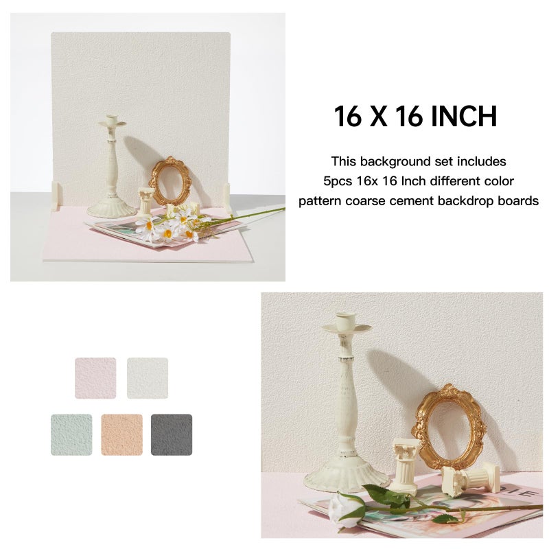 EOAJAFOU 5PCS Photography Backdrop Boards with 4 Brackets, 16x16 Inch Coarse Sand Backdrop Board for Food Jewelry, Cosmetics and Ornaments Shooting - Image 2