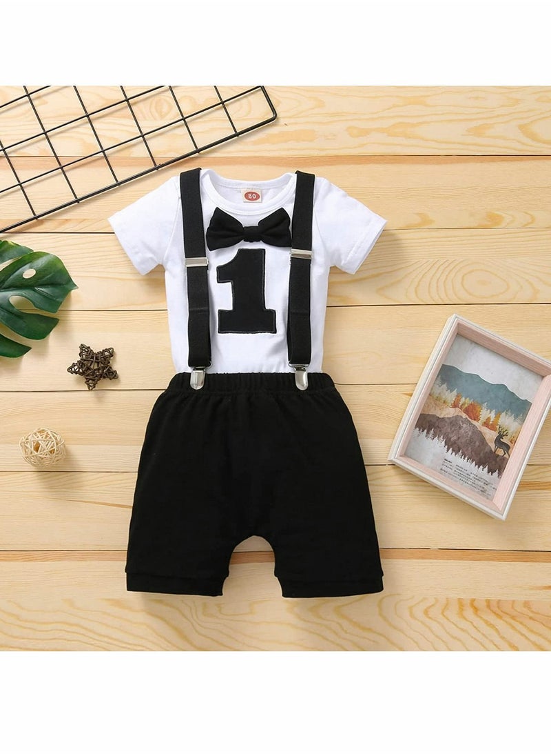 Generic - Baby Boys First Birthday Outfit, Baby Boy Cake Smash Outfit, Formal Suit Gentleman Romper Bow-tie Pants Outfits Set Costume, Suspender and Shorts Pants Outfit for Baby Boys 1st Birthday - Size 100 - Image 1