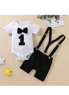 Baby Boys First Birthday Outfit, Baby Boy Cake Smash Outfit, Formal Suit Gentleman Romper Bow-tie Pants Outfits Set Costume, Suspender and Shorts Pants Outfit for Baby Boys 1st Birthday - Size 100