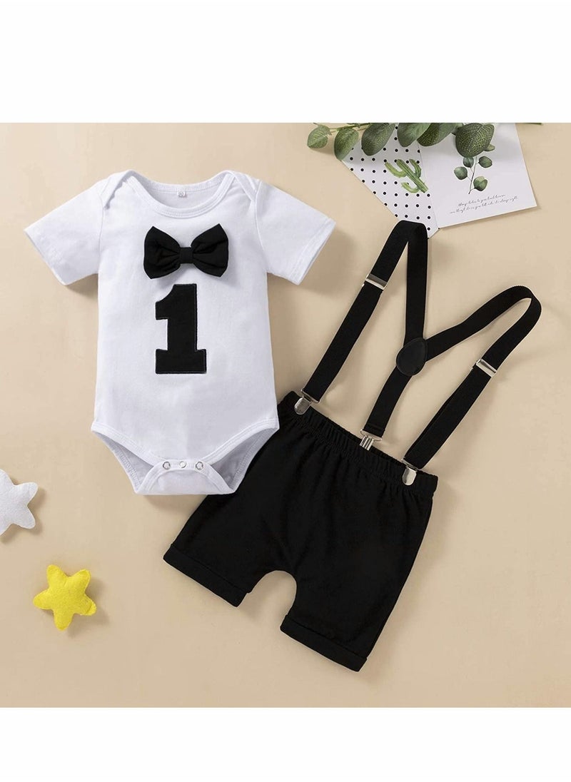 Generic - Baby Boys First Birthday Outfit, Baby Boy Cake Smash Outfit, Formal Suit Gentleman Romper Bow-tie Pants Outfits Set Costume, Suspender and Shorts Pants Outfit for Baby Boys 1st Birthday - Size 100 - Image 1