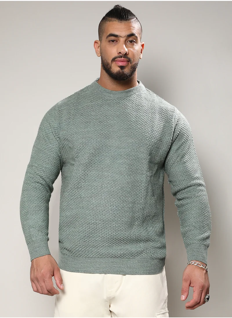 انستافاب بلس Instafab Plus Men's Olive Green Textured Knit Pullover Sweater For Casual Wear | Crew Neck | Long Sleeve | Pull On Closure | Woll sweater Crafted With Comfort Fit For Everyday Wear