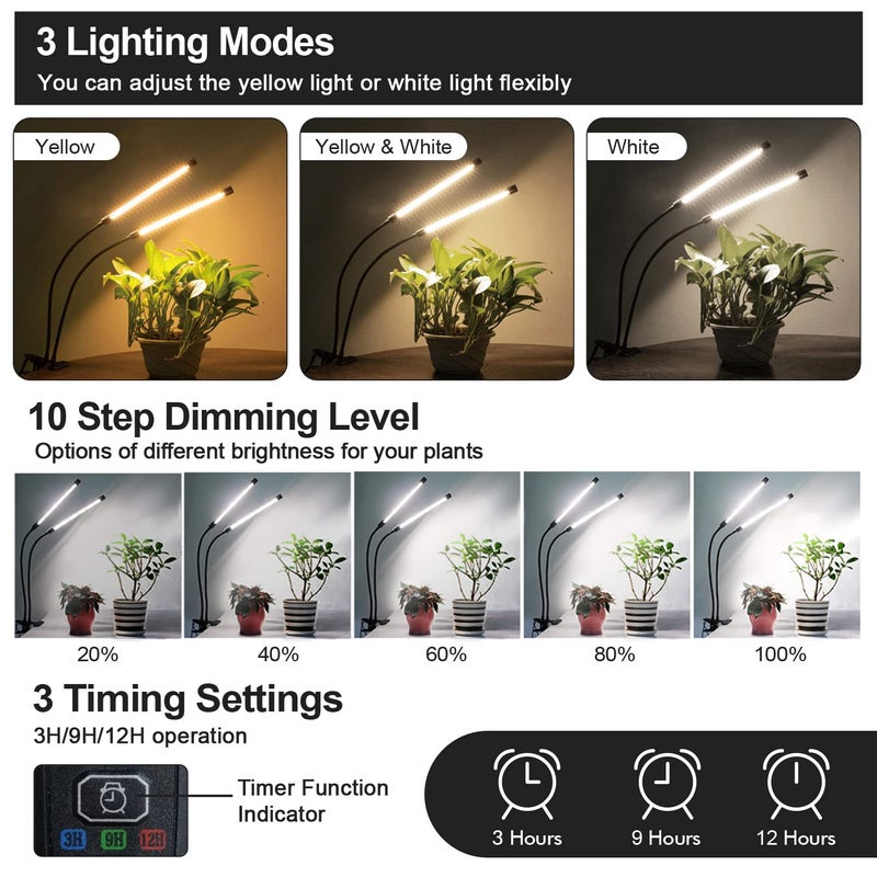 bseah Plant Grow Light for Indoor Plants, Full Spectrum Indoor Grow Light, 10-Level Dimmable and Auto ON & Off Timer (2 Head 2 Pack) - Image 2