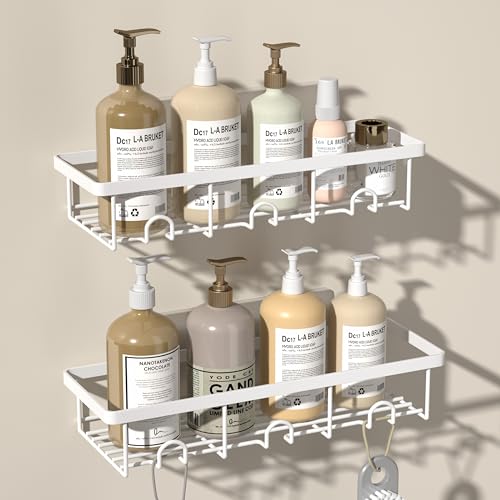 Oasiteege White Shower Caddy Organizer, 2 Pack Adhesive Shampoo Holder Basket Shelves for Storage and Organization, Wall Suction Bath Bathtub Rack Set for RV Camper, Bathroom Restroom Decor and Accessories - Image 1