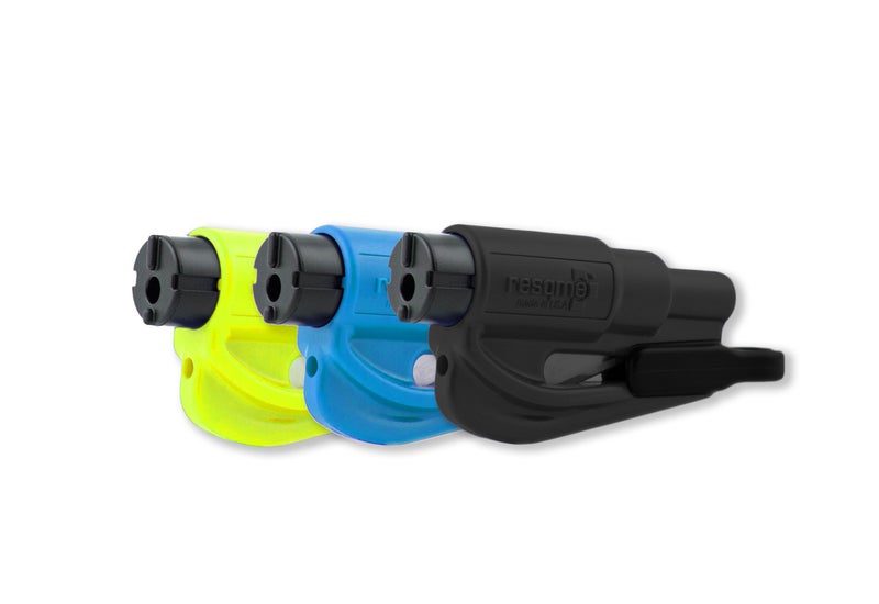 Resqme Family Pack of 3, The Original Emergency Keychain Car Escape Tool, 2-in-1 Seatbelt Cutter and Window Breaker, Made in USA, Black, Blue, Safety Yellow - Image 1