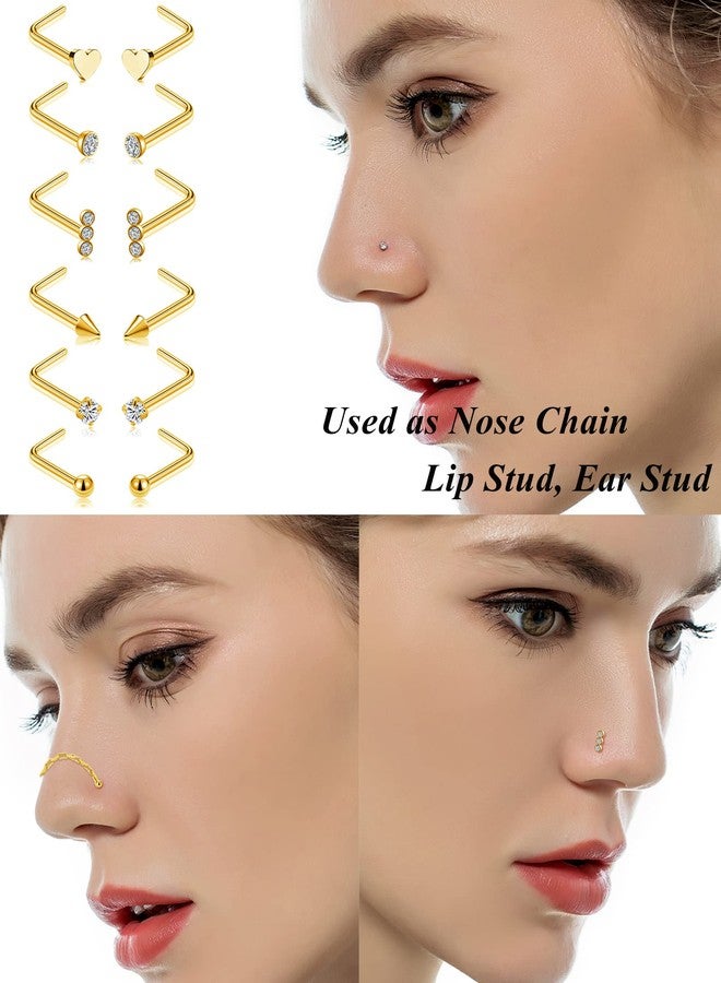 Tornito Nose Chain Piercing Across Double Nose Stud Chain CZ Heart Ball L Shaped Nose Chain 4.2CM Nostril Piercing Jewelry for Women Men 20G Gold Tone - Image 3
