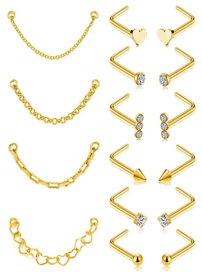 Tornito Nose Chain Piercing Across Double Nose Stud Chain CZ Heart Ball L Shaped Nose Chain 4.2CM Nostril Piercing Jewelry for Women Men 20G Gold Tone - Image 1