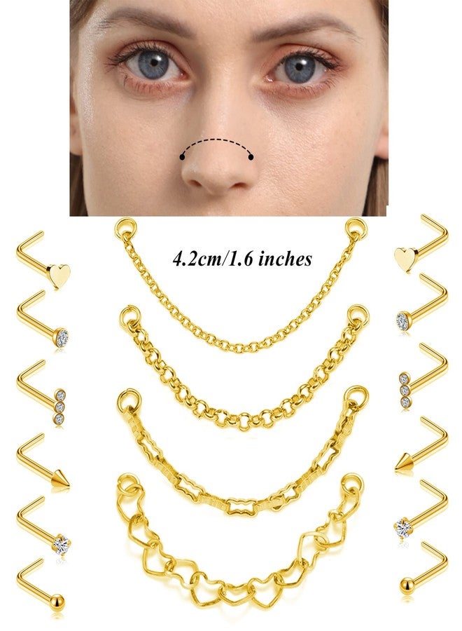 Tornito Nose Chain Piercing Across Double Nose Stud Chain CZ Heart Ball L Shaped Nose Chain 4.2CM Nostril Piercing Jewelry for Women Men 20G Gold Tone - Image 2