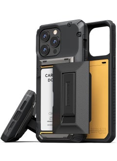 VRS Design Damda Glide Hybrid iPhone 15 PRO Case Cover Wallet with Semi Automatic Credit Card Holder Slot [3-4 Cards] & Kickstand - Black Groove  - Image 1