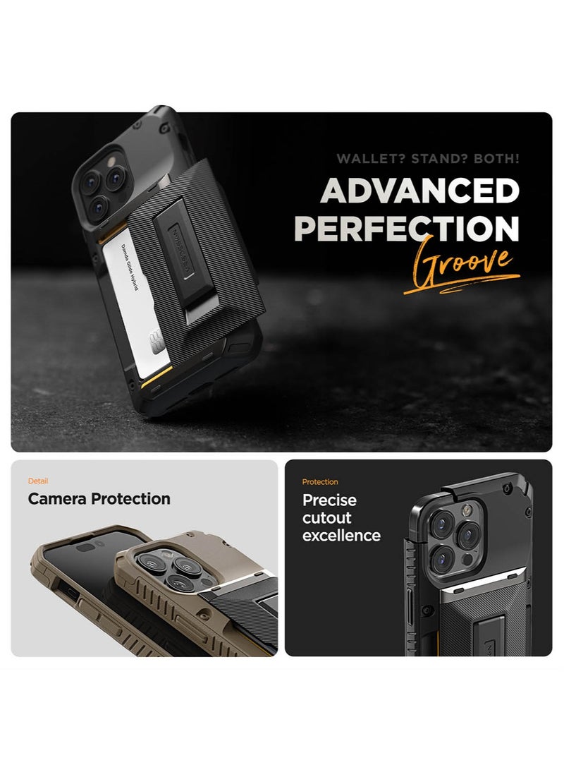 VRS Design Damda Glide Hybrid iPhone 15 PRO Case Cover Wallet with Semi Automatic Credit Card Holder Slot [3-4 Cards] & Kickstand - Black Groove  - Image 4