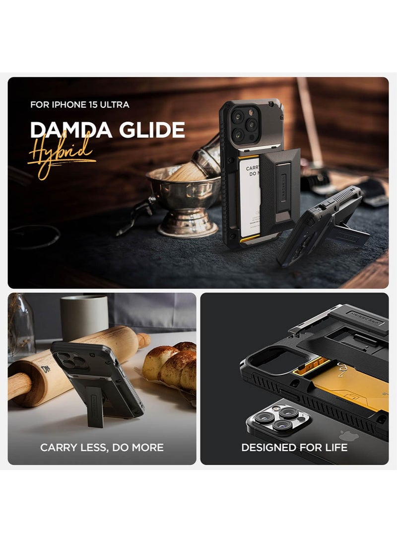 VRS Design Damda Glide Hybrid iPhone 15 PRO Case Cover Wallet with Semi Automatic Credit Card Holder Slot [3-4 Cards] & Kickstand - Black Groove  - Image 5