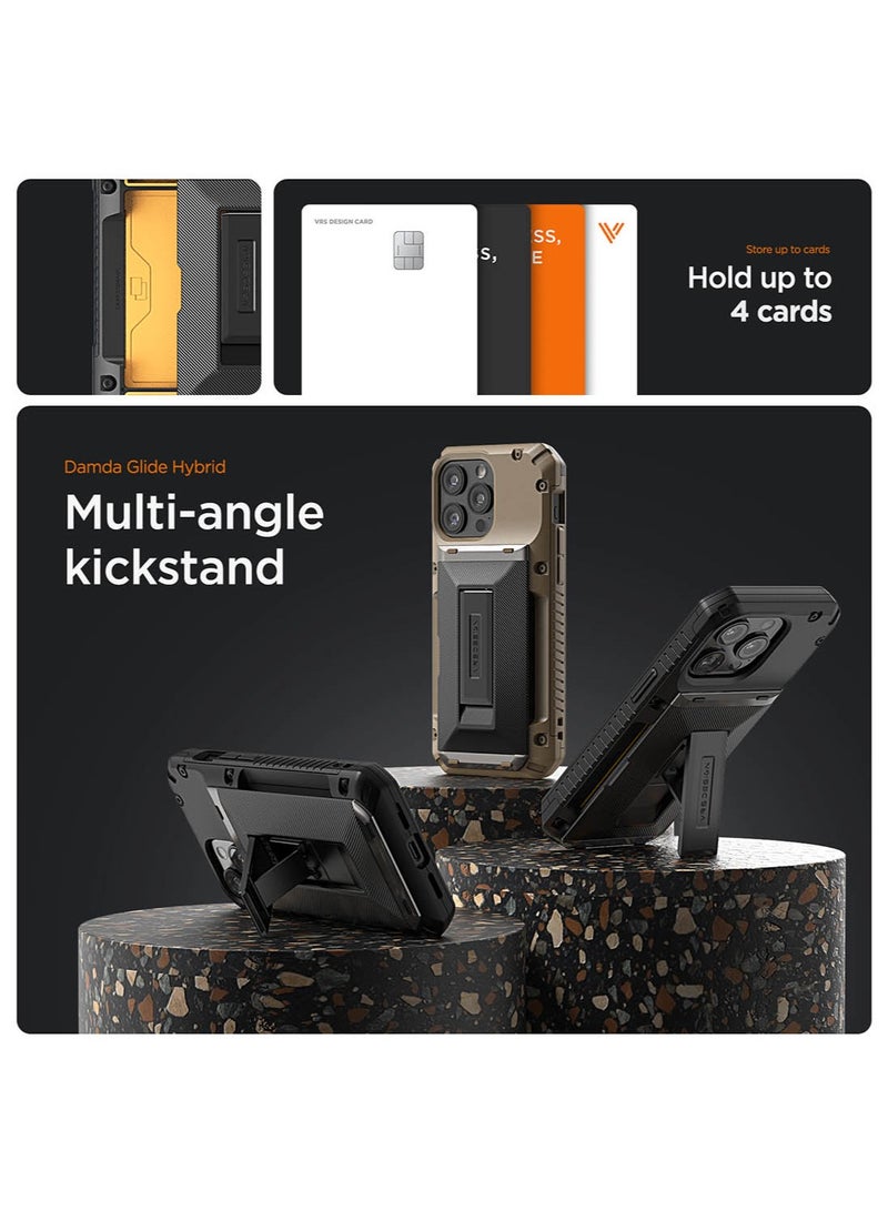 VRS Design Damda Glide Hybrid iPhone 15 PRO Case Cover Wallet with Semi Automatic Credit Card Holder Slot [3-4 Cards] & Kickstand - Black Groove  - Image 2