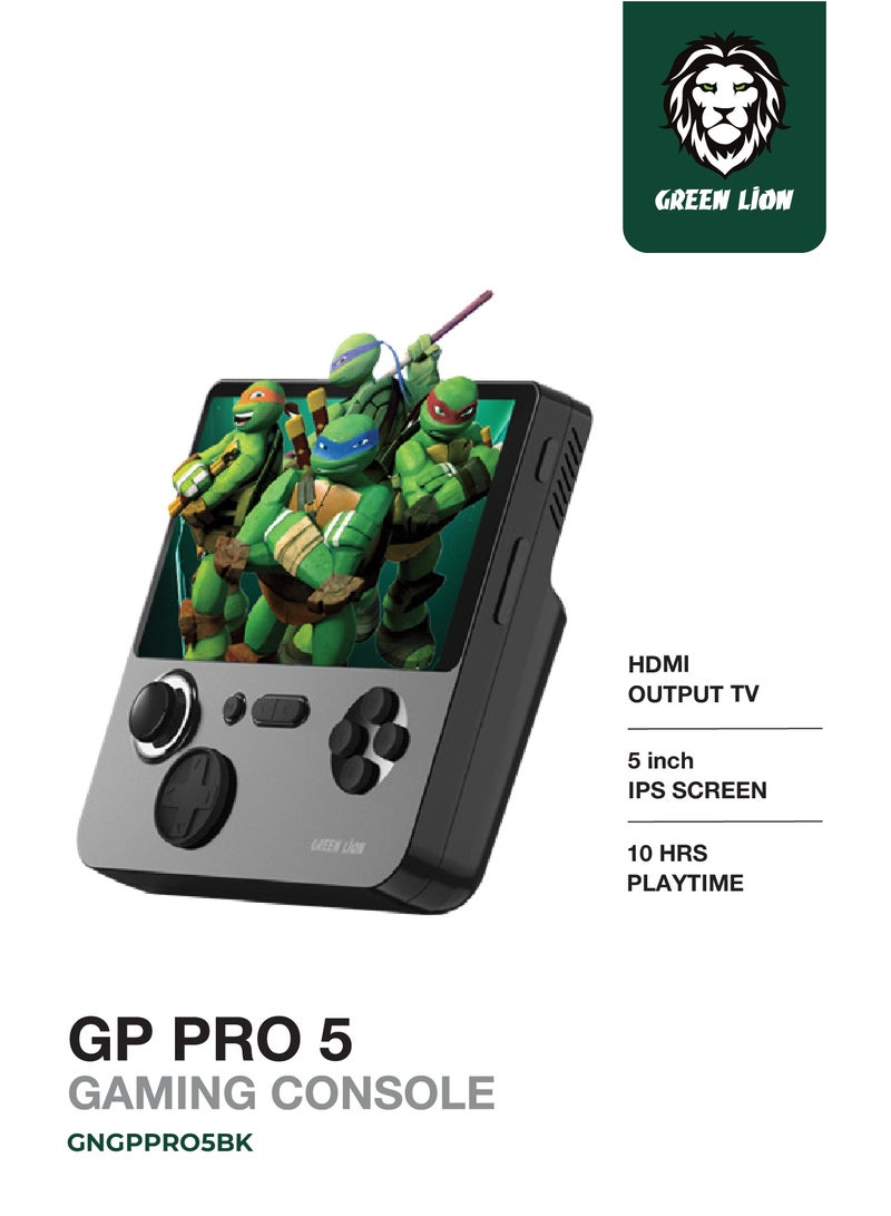 جرين ليون وحدة تحكم ألعاب محمولة GP PRO 5 E5 / شحن سريع 22 وات / ذاكرة وصول عشوائي 1 جيجابايت / سعة تخزين 64 جيجابايت / حامل تثبيت / مخرج HDMI للتلفزيون / 10 ساعات من وقت اللعب / شحن ثنائي الاتجاه / بطاقة TF 256 جيجابايت كحد أقصى / منفذ Type-C- اسود - Image 1