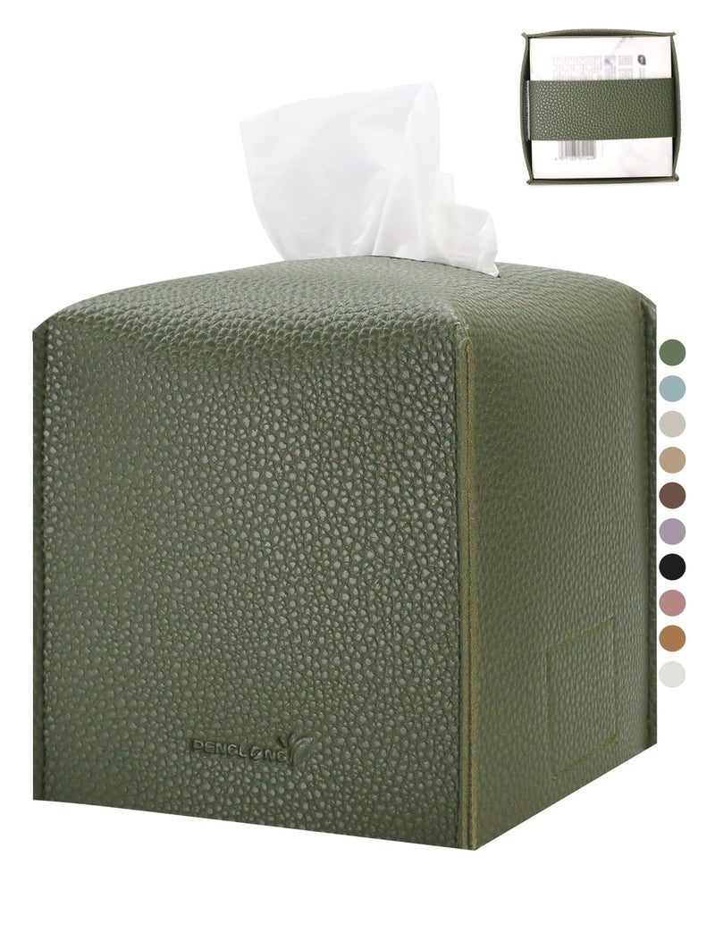 PENGLONG Tissue Box Cover 5X5X5'' PU Leather Tissue Holder Square Tissue Cube Box Organizer for Bathroom Vanity Countertop, Car, Night Stands, Office, Home, Kitchen (1Pack, Dark Green) - Image 1