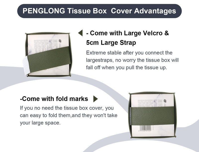 PENGLONG Tissue Box Cover 5X5X5'' PU Leather Tissue Holder Square Tissue Cube Box Organizer for Bathroom Vanity Countertop, Car, Night Stands, Office, Home, Kitchen (1Pack, Dark Green) - Image 2