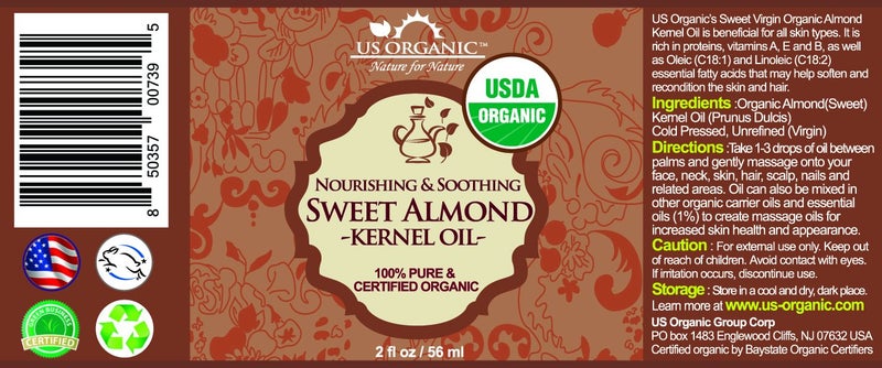 US Organic Sweet Almond Kernel Oil, USDA Certified Organic,100% Pure & Natural, Cold Pressed Virgin, Unrefined in Amber Glass Bottle w/Eyedropper, Sourced from Poland (2 oz (56 ml)) - Image 2