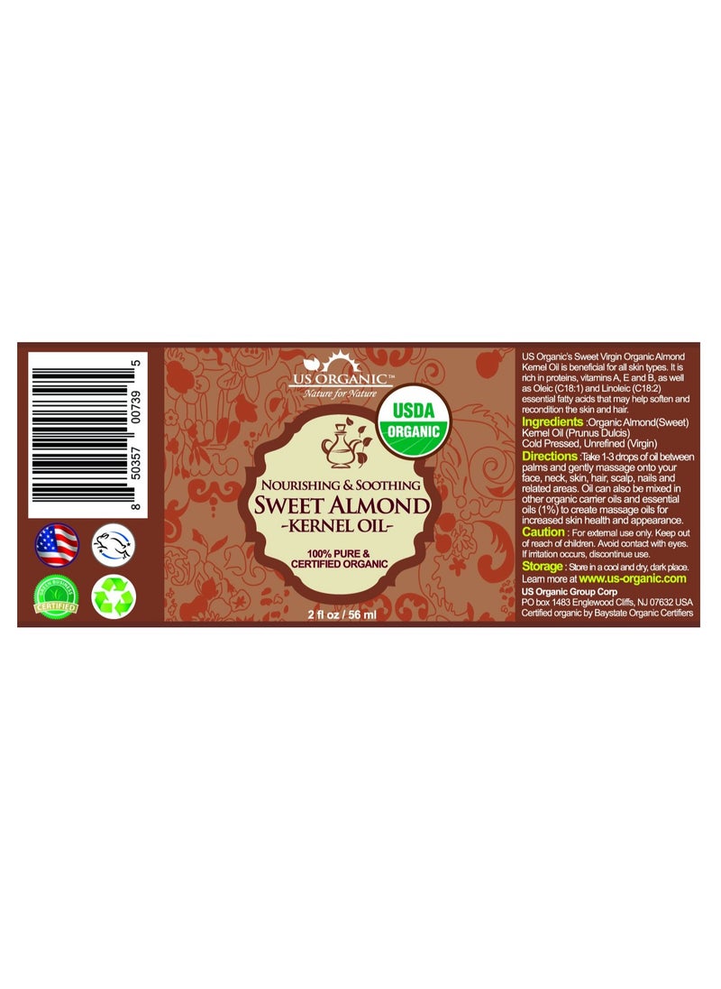 US Organic - US Organic Sweet Almond Kernel Oil, USDA Certified Organic,100% Pure & Natural, Cold Pressed Virgin, Unrefined in Amber Glass Bottle w/Eyedropper, Sourced from Poland (2 oz (56 ml)) - Image 1