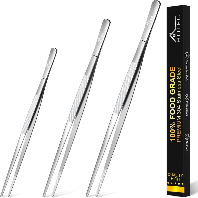 hotec Kitchen Tweezers Tongs Stainless Steel Professional Chef Tweezers, Set of 3-6.3", 10" and 12inch Food Tongs for Cooking, Repairing, Dessert, BBQ, Meat, Pasta, Silver - Image 1