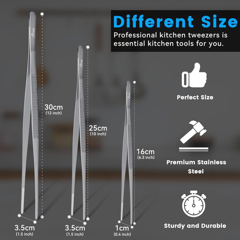 hotec Kitchen Tweezers Tongs Stainless Steel Professional Chef Tweezers, Set of 3-6.3", 10" and 12inch Food Tongs for Cooking, Repairing, Dessert, BBQ, Meat, Pasta, Silver - Image 3