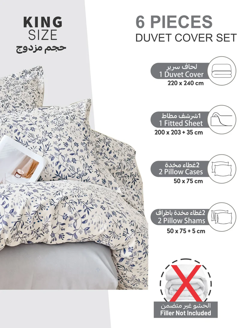 Donetella Printed Duvet Set, King Size 220x240 cm - 6-Pcs Bed Set, Microfiber Fabric - 1 Duvet Cover, 1 Fitted Sheet, 2 Pillow Shams, 2 Pillowcases (Filler Not Included)
