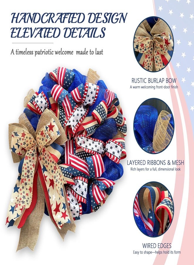 Presentastic 250th Anniversary Patriotic Wreaths for Front Door, 24 Inch Large 4th of July Decorations, Handcrafted Ribbon Burlap Bow, Red White and Blue Memorial Day Wreath with Lights & Storage Bag - Image 3