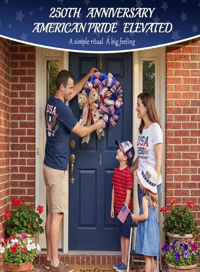 Presentastic 250th Anniversary Patriotic Wreaths for Front Door, 24 Inch Large 4th of July Decorations, Handcrafted Ribbon Burlap Bow, Red White and Blue Memorial Day Wreath with Lights & Storage Bag - Image 4