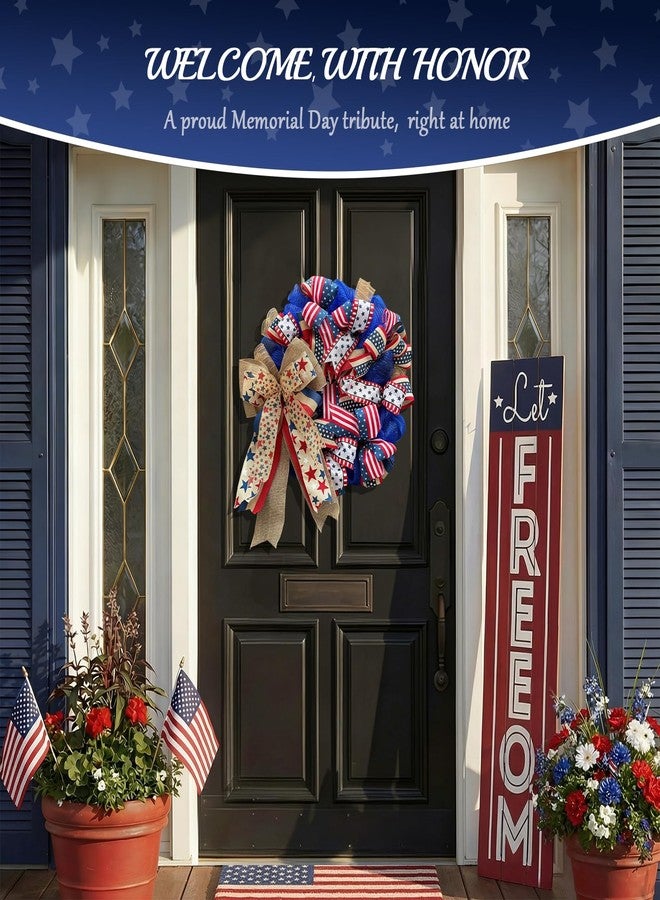 Presentastic 250th Anniversary Patriotic Wreaths for Front Door, 24 Inch Large 4th of July Decorations, Handcrafted Ribbon Burlap Bow, Red White and Blue Memorial Day Wreath with Lights & Storage Bag - Image 2