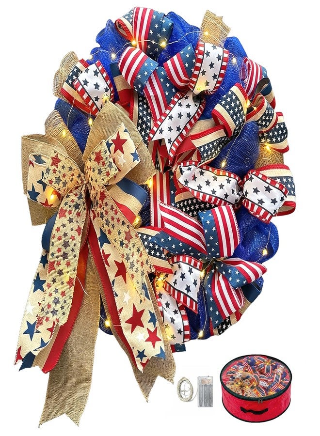 Presentastic 250th Anniversary Patriotic Wreaths for Front Door, 24 Inch Large 4th of July Decorations, Handcrafted Ribbon Burlap Bow, Red White and Blue Memorial Day Wreath with Lights & Storage Bag - Image 1