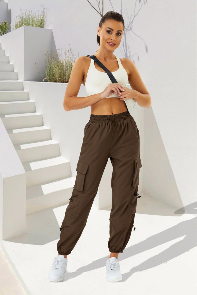 COPYLEAF Womens Parachute Cargo Pants with Pockets Quick Dry Hiking Pants Lightweight Water-Resistant Baggy Joggers(Brown L) - Image 3