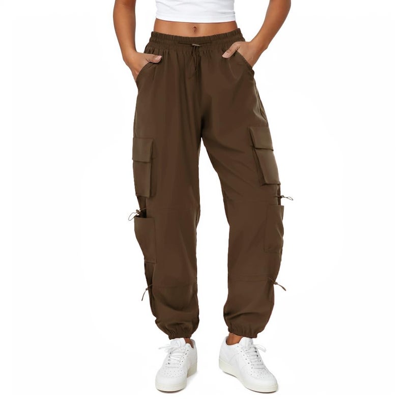 COPYLEAF Womens Parachute Cargo Pants with Pockets Quick Dry Hiking Pants Lightweight Water-Resistant Baggy Joggers(Brown L) - Image 1