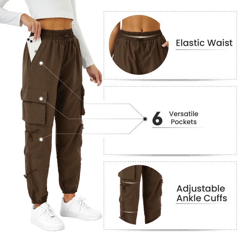 COPYLEAF Womens Parachute Cargo Pants with Pockets Quick Dry Hiking Pants Lightweight Water-Resistant Baggy Joggers(Brown L) - Image 5