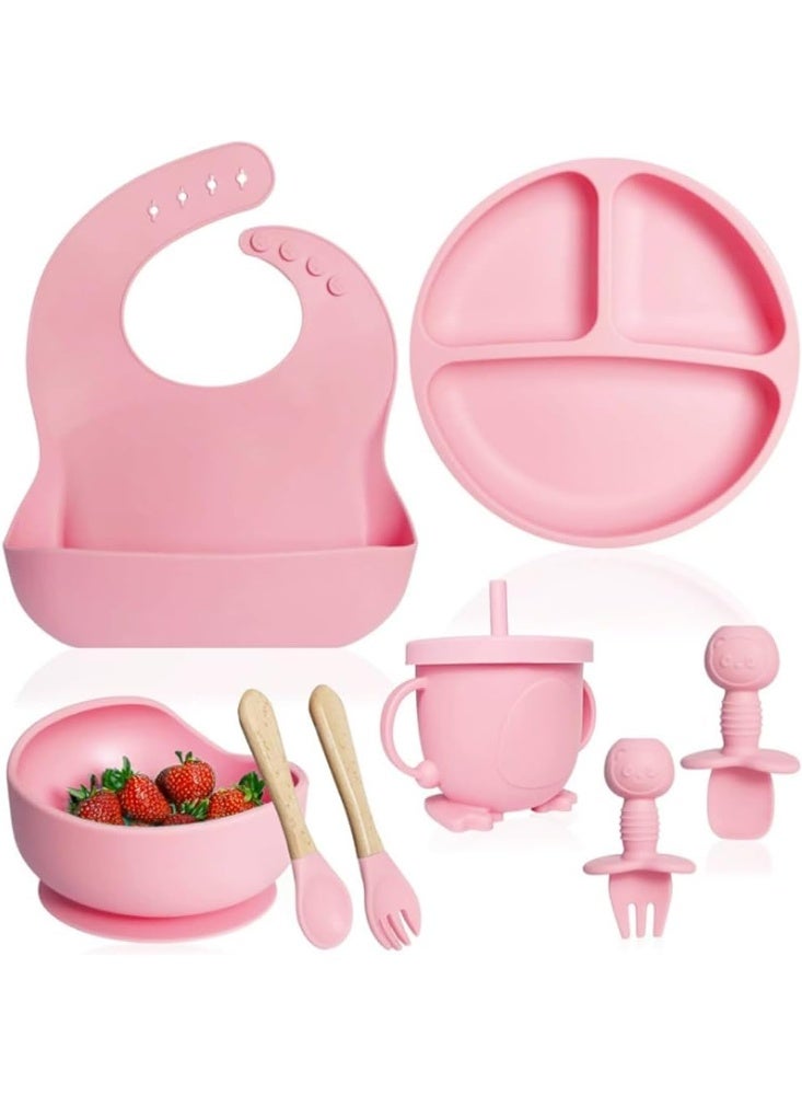 ATRJSZ Silicone Baby Feeding Set, Sage Green & Pink, 7-Piece with Bib, Divided Plate, Bowl, Sippy Cup, Utensils, Bamboo Handles (Soft Pink)