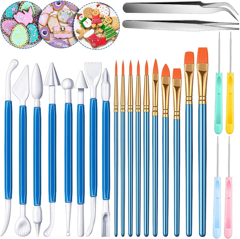 Ziaon 24 Pieces Cookie Decorating Tool Set Decorating Tool Set Include Decoration Brushes Sugar Stir Needle Fondant Modeling Tool Elbow and Straight Tweezer for Cookie Cake Decoration -Blue - Image 1