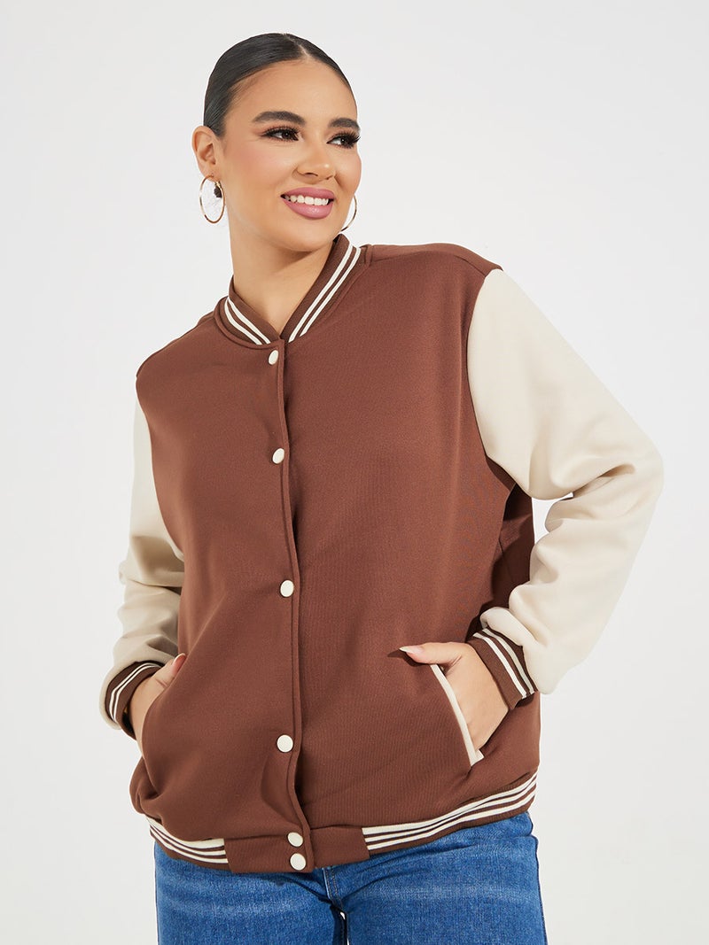 Styli Color Block Bomber Jacket with Snap Button - Image 3