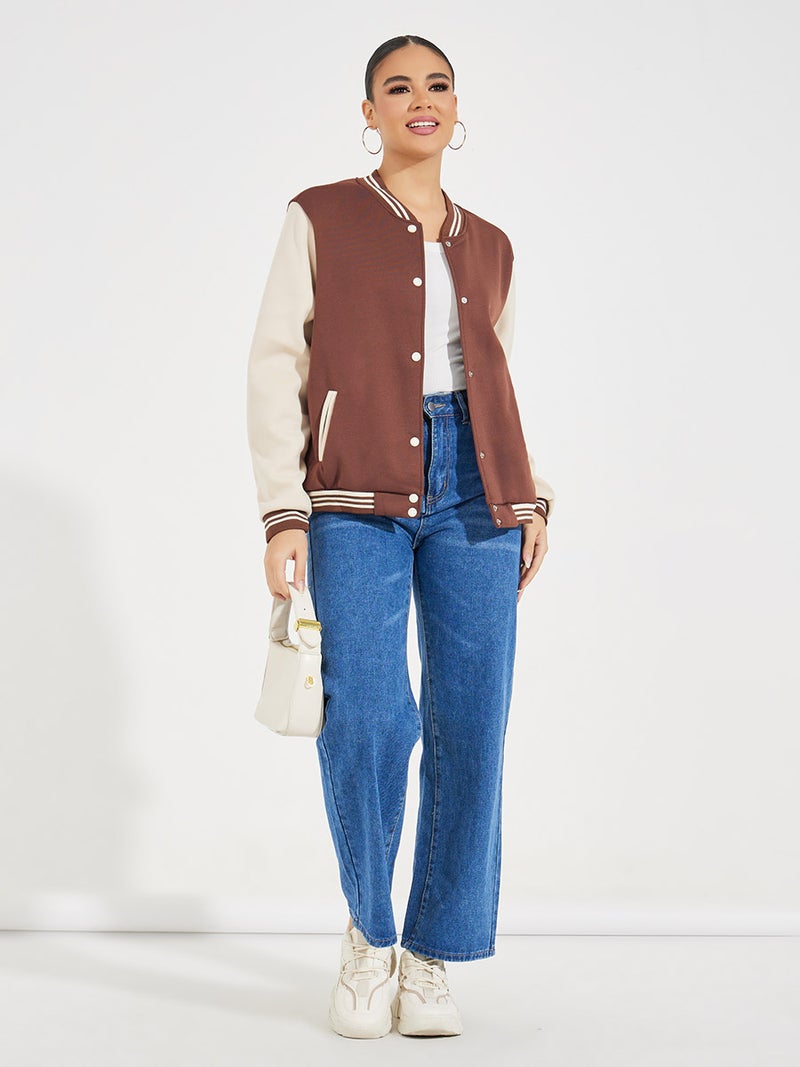 Styli Color Block Bomber Jacket with Snap Button - Image 2