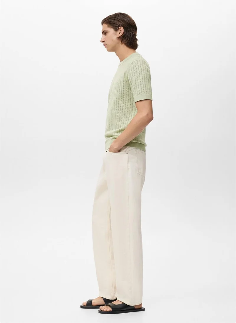 Mango Man Striped Openwork Cotton T-Shirt