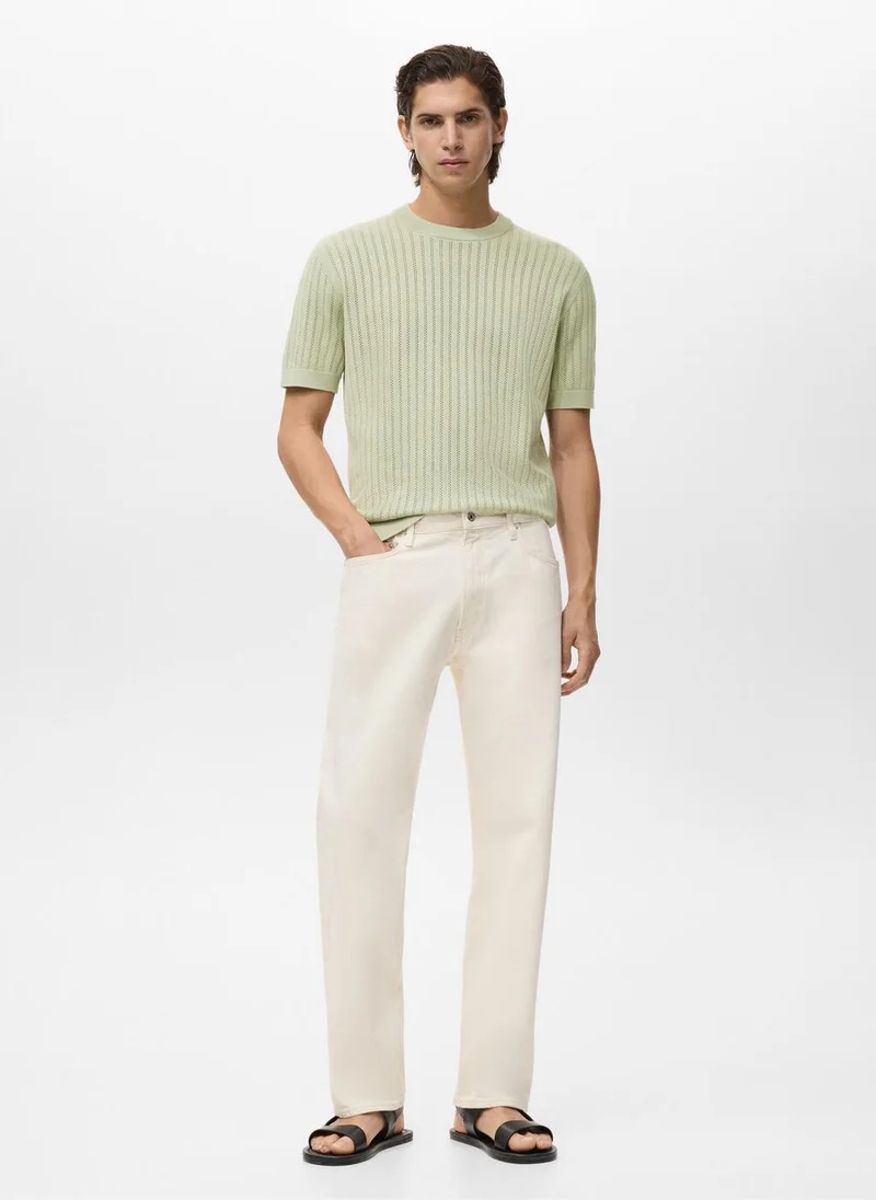 Mango Man Striped Openwork Cotton T-Shirt