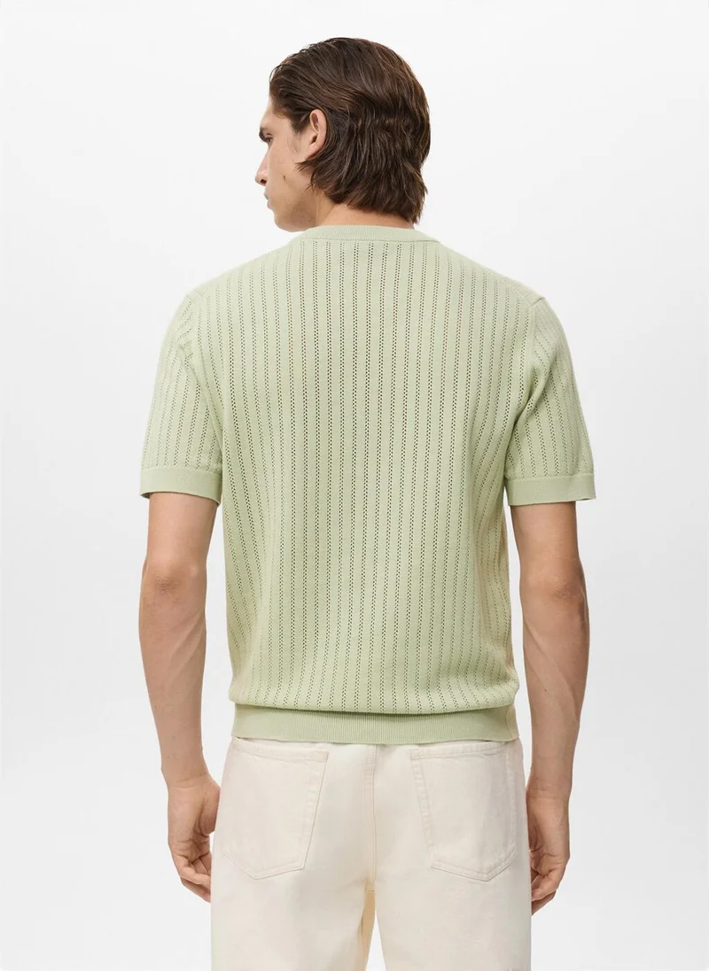 مانجو Striped Openwork Cotton T-Shirt